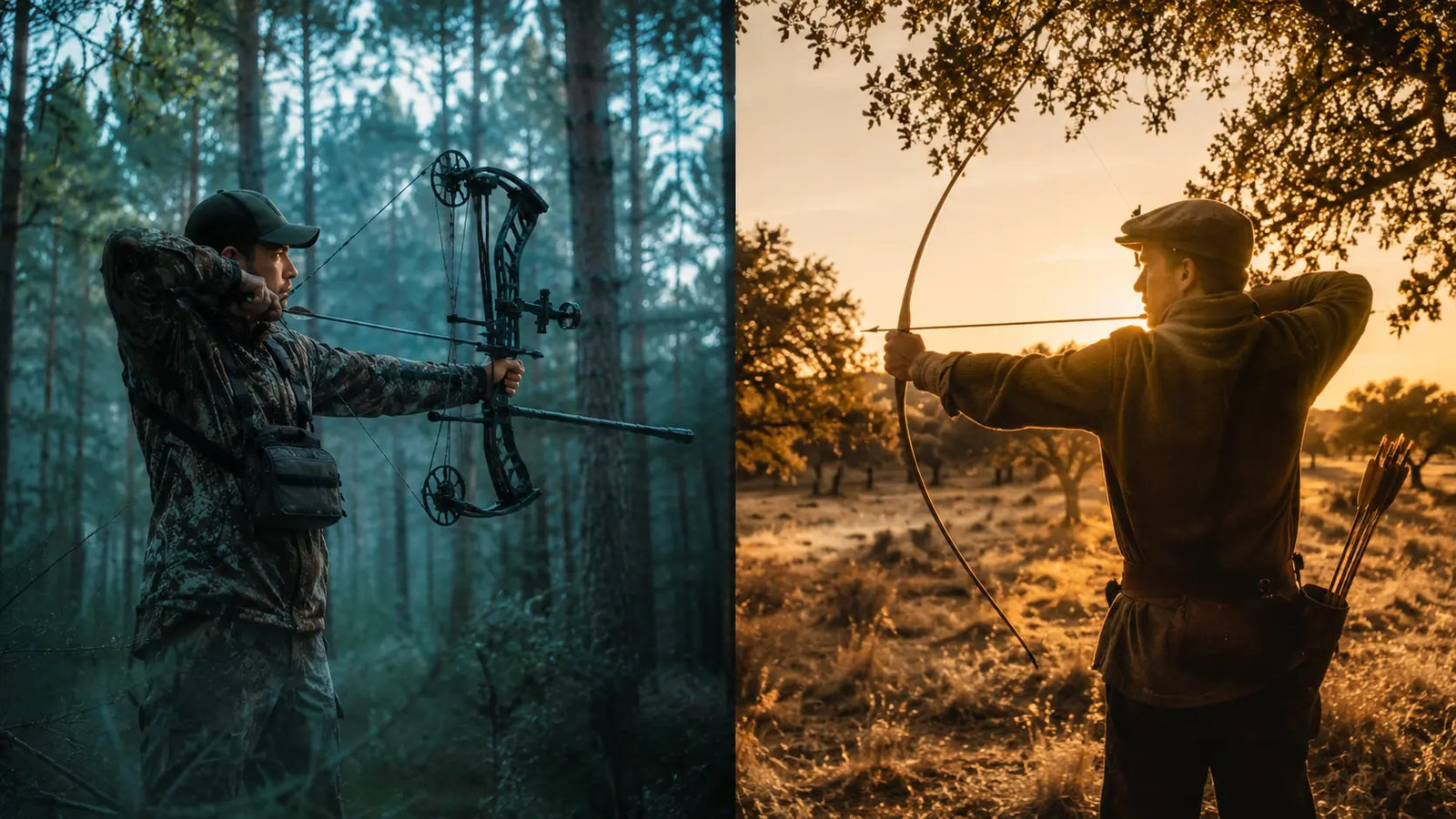 Comparativa visual entre un cazador con arco compuesto de poleas y un cazador con arco tradicional longbow
