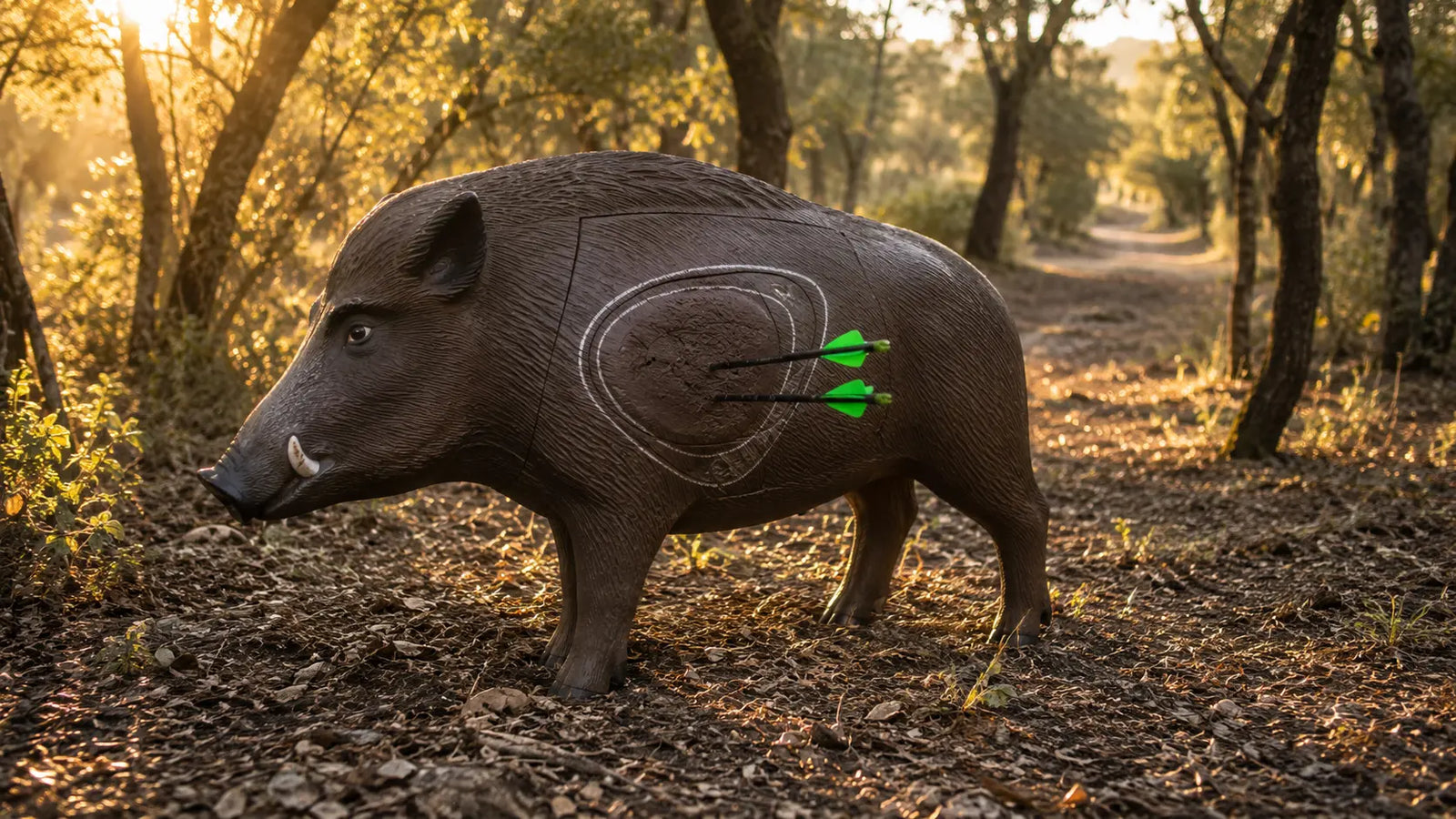 Diana 3D de jabalí con flechas clavadas en la zona vital en un bosque de encinas al amanecer